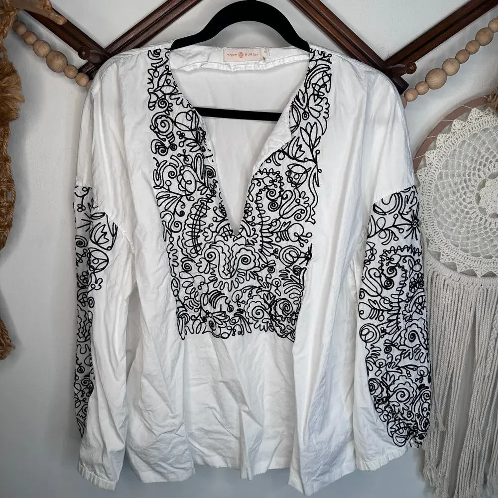 Tory Burch Cotton Poplin Embroidered Long Sleeve Top